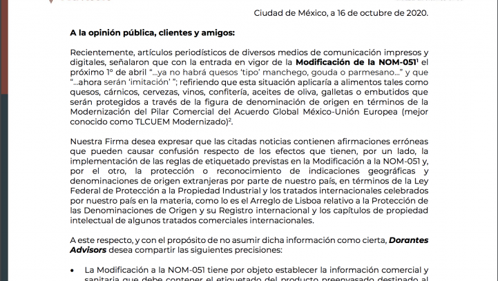 Comunicado de prensa en relación con la entrada en vigor de la NOM-51 y las indicaciones geográficas reconocidas en el marco de TLCUEM.