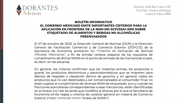 BOLETÍN INFORMATIVO EL GOBIERNO MEXICANO EMITE IMPORTANTES CRITERIOS PARA LA APLICACIÓN EN FRONTERA DE LA NOM-051-SCFI/SSA1-2010 SOBRE ETIQUETADO DE ALIMENTOS Y BEBIDAS NO ALCOHÓLICAS PREENVASADOS