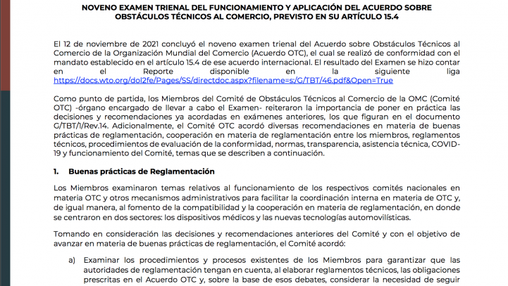 NOVENO EXAMEN TRIENAL DEL FUNCIONAMIENTO Y APLICACIÓN DEL ACUERDO SOBRE OBSTÁCULOS TÉCNICOS AL COMERCIO, PREVISTO EN SU ARTÍCULO 15.4